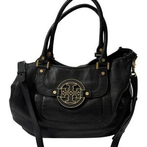 Tory Burch Amanda Black Pebbled Leather Satchel Crossbody Gold Logo
